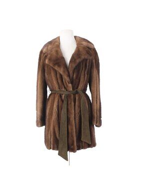 Apb Coat Sz S ? Brown Collared Pockets Belted Lined Mink Fur Coat